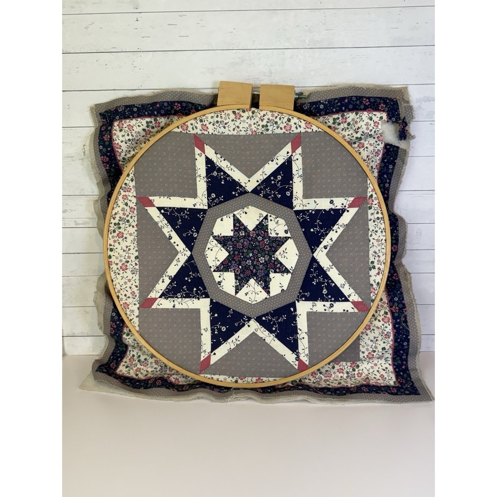 Handmade Quilt Block Wall Hanging in Embroidery Hoop 17" x 17" Primitive